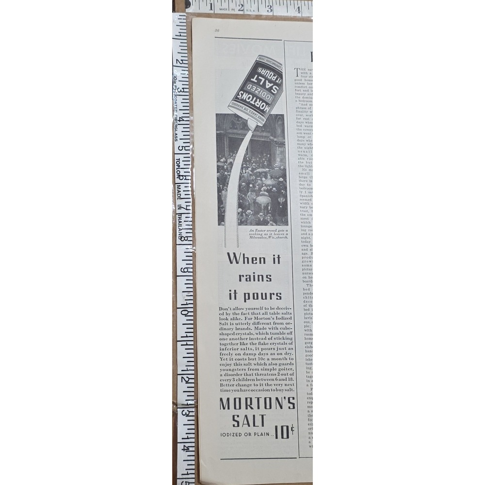 1932 Morton's Salt Original Print Ad When It Rains It Pours Vintage 13.5x3.25